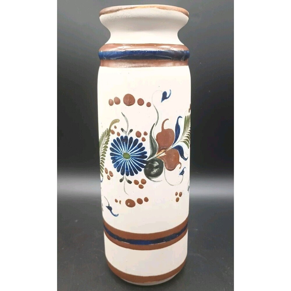 Vtg Tonala Sandstone Mexican Folk Art Vase Tall 10" Floral Butterfly Signed